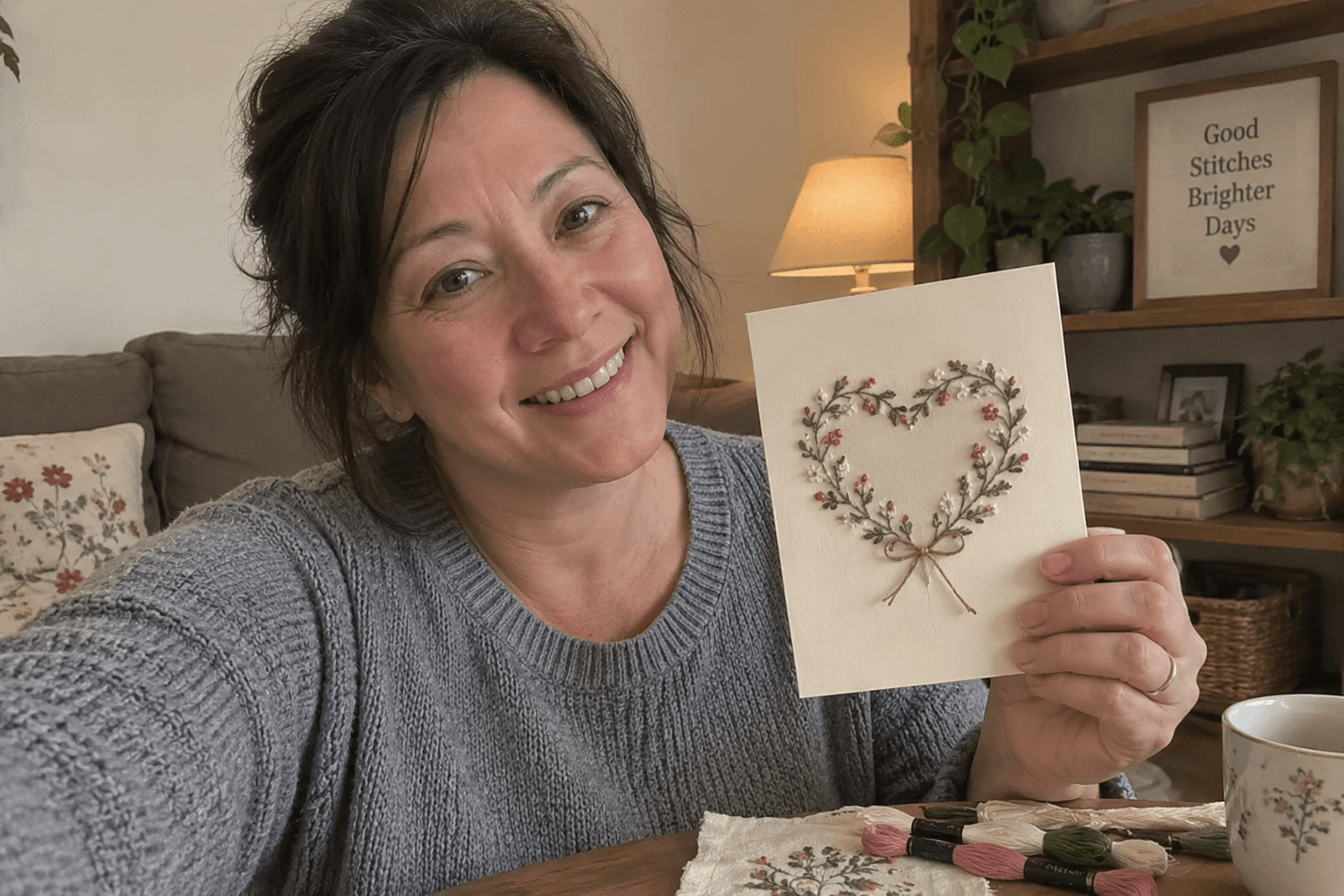 Yvonne B. holding her finished paper-embroidery card