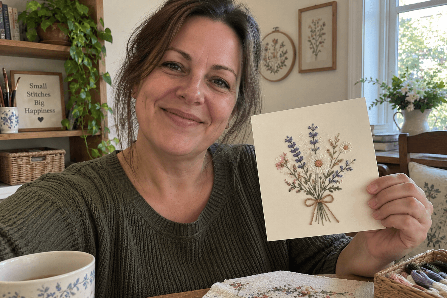Claudia F. holding her finished mandala paper-embroidery