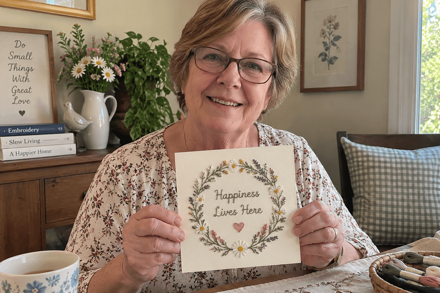 Marion S. holding her first finished paper-embroidery daisy