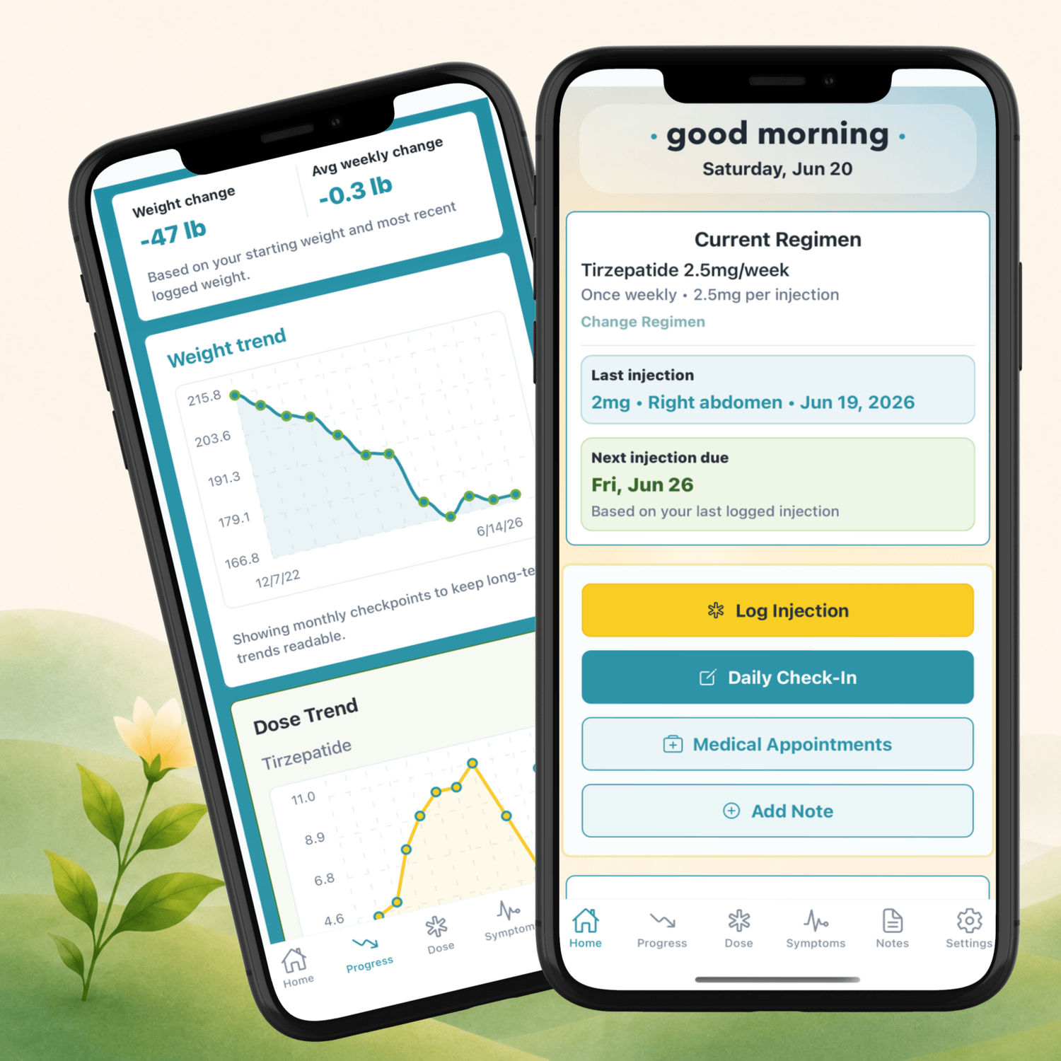 Image with two iPhone screenshots of the GLP-1 Tracker app.  One screenshot showing beautiful charts and the other showing the homepage with shot regimen details, upcoming shot information, and tracking buttons.