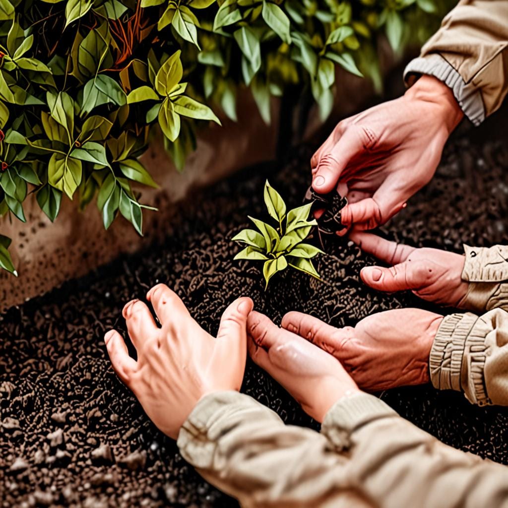 hands planting shrub in autumn soil