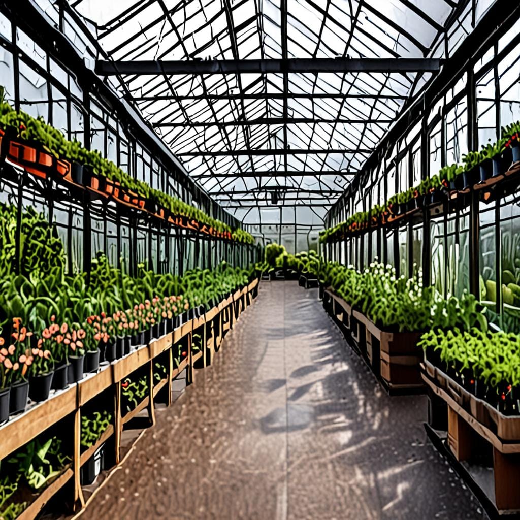 garden centre greenhouse aisle with plants