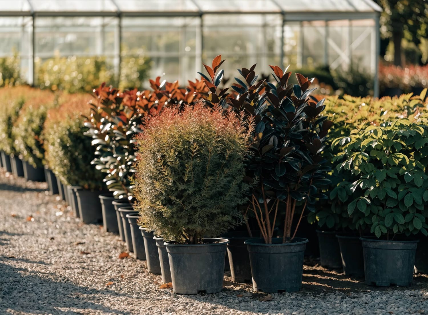 Rangs d'arbustes de haie en pots