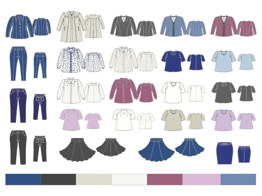 Entwurf einer Grundgarderobe in Marine, Greige, Ecrú und Rotviolett-Tönen
