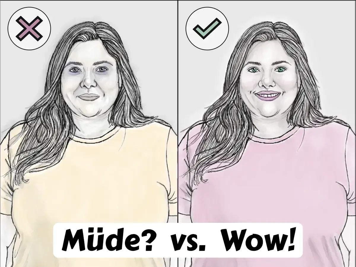 Illustration: Vergleich müde Farbe vs. Wow-Farbe im Gesicht