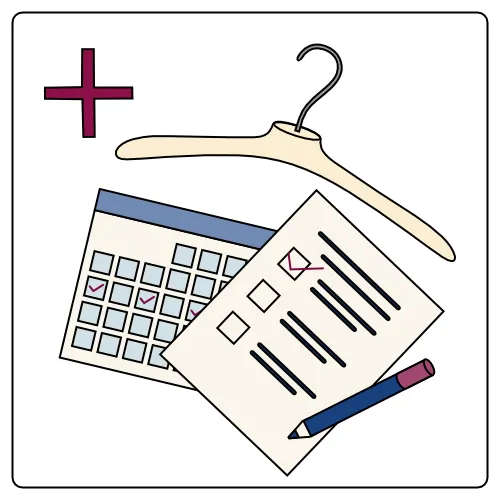 Stilfaktor +1: Alltag - Illustration: Pluszeichen, Kleiderbügel, Kalender + To-Do-Liste