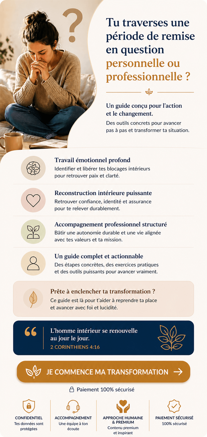 Femme en période de remise en question personnelle et professionnelle, reconstruction intérieure avec foi et accompagnement grâce à l’eBook Vulnérabilité et Identité