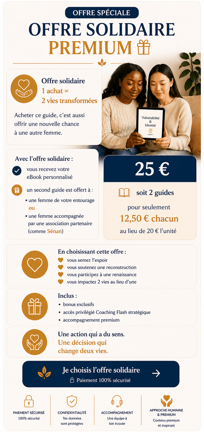 Offre solidaire premium Jetaccompagne – eBook Vulnérabilité & Identité : 1 achat = 2 vies transformées, un eBook pour vous et un guide offert à une autre femme