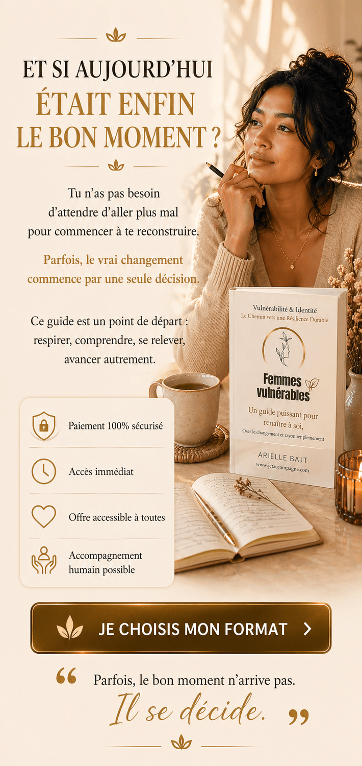 Visuel CTA final premium avec femme apaisée, guide Vulnérabilité et Identité et message inspirant pour commencer sa reconstruction personnelle