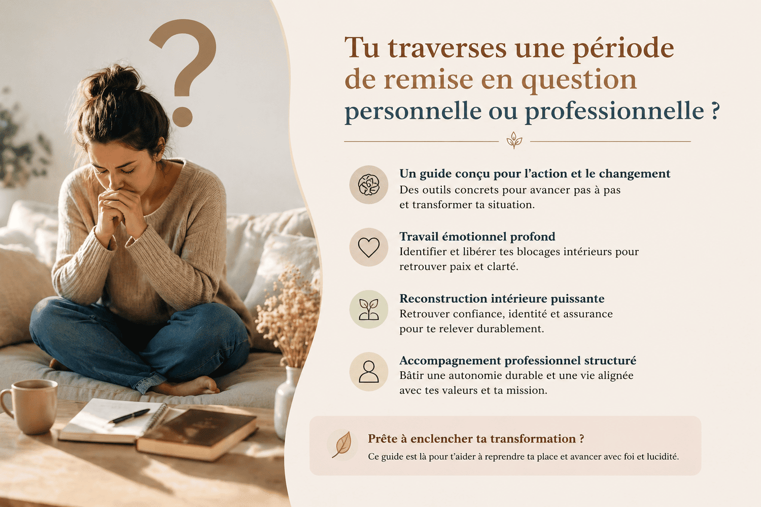 Femme en période de remise en question personnelle et professionnelle, reconstruction intérieure avec foi et accompagnement grâce à l’eBook Vulnérabilité et Identité