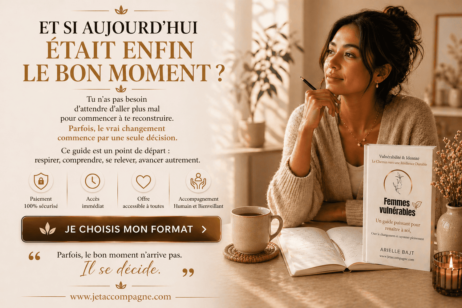 Visuel CTA final premium avec femme apaisée, guide Vulnérabilité et Identité et message inspirant pour commencer sa reconstruction personnelle