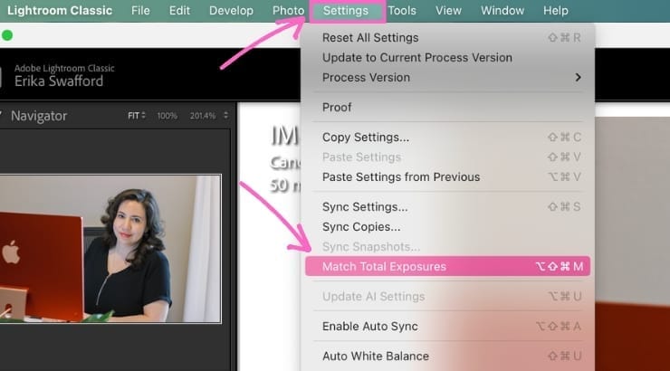 Match total exposure in Lightroom Step 3