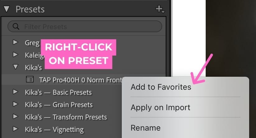 Right-click on preset and add to favorites