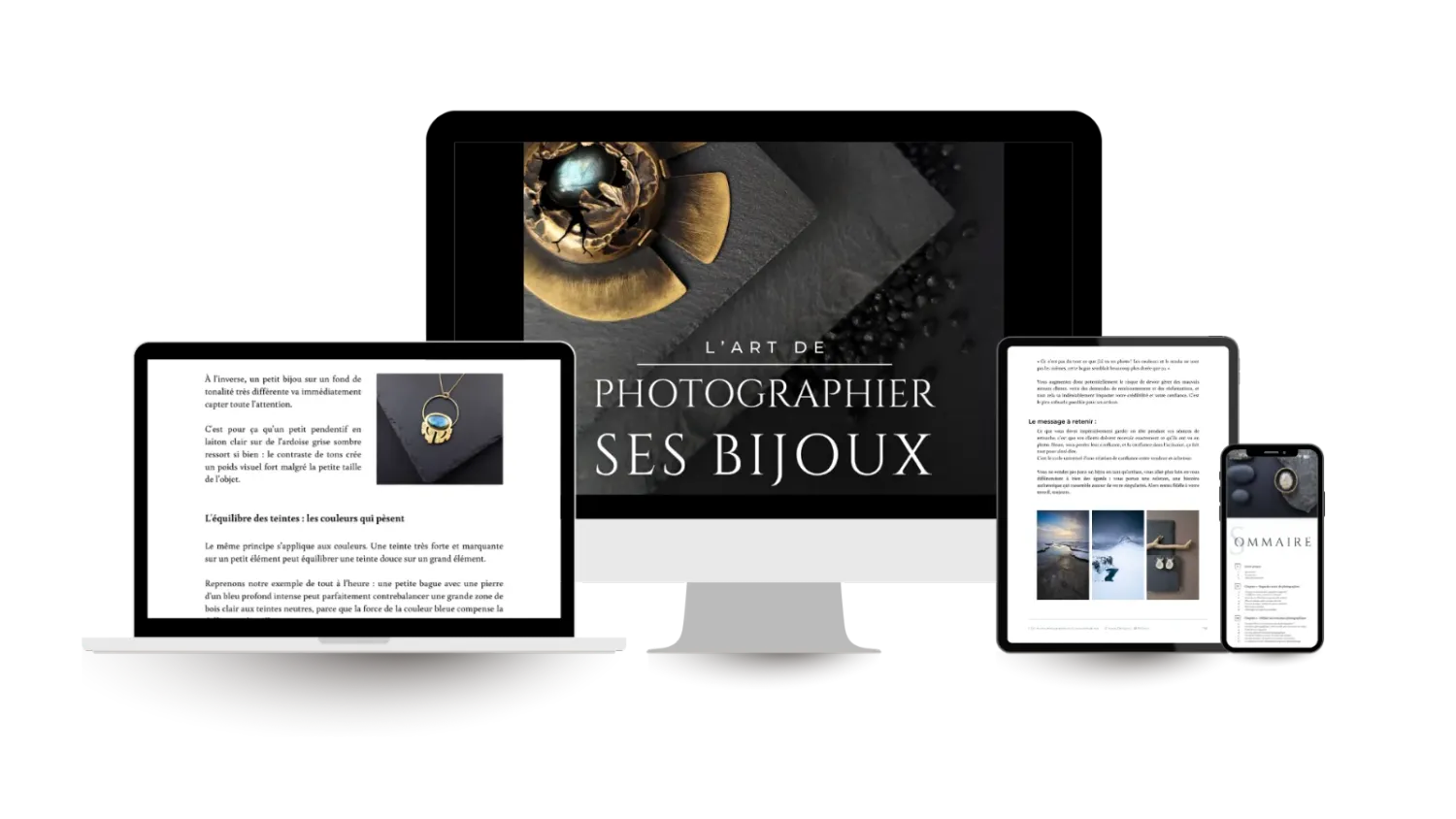 Mockup du livre L'Art de la Photographie de Bijoux Artisanaux, aperçu tablette et smartphone avec sommaire