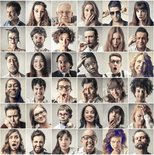 Mozaïque de visages représentant diverses émotions et comportements associés