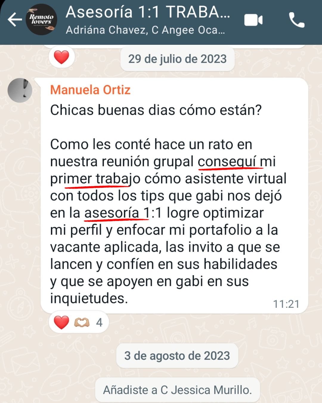 Mensaje de una persona asesorada