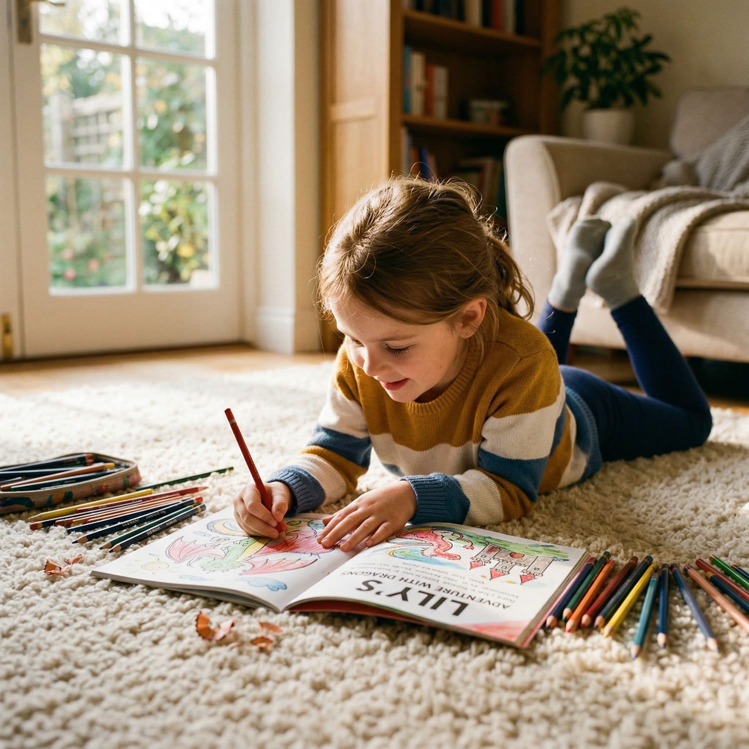 Child completely absorbed in screen-free coloring activity