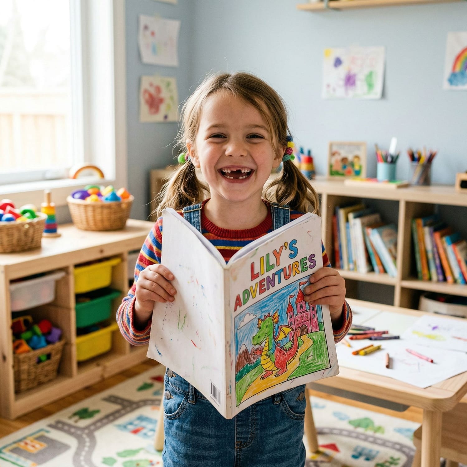 Proud child beaming while holding their completed personalized coloring storybook