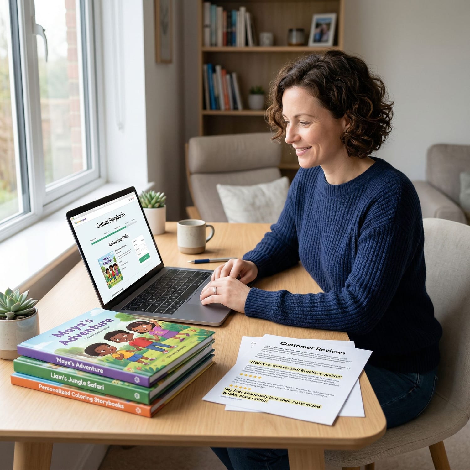 Confident parent reviewing personalized book order with satisfaction