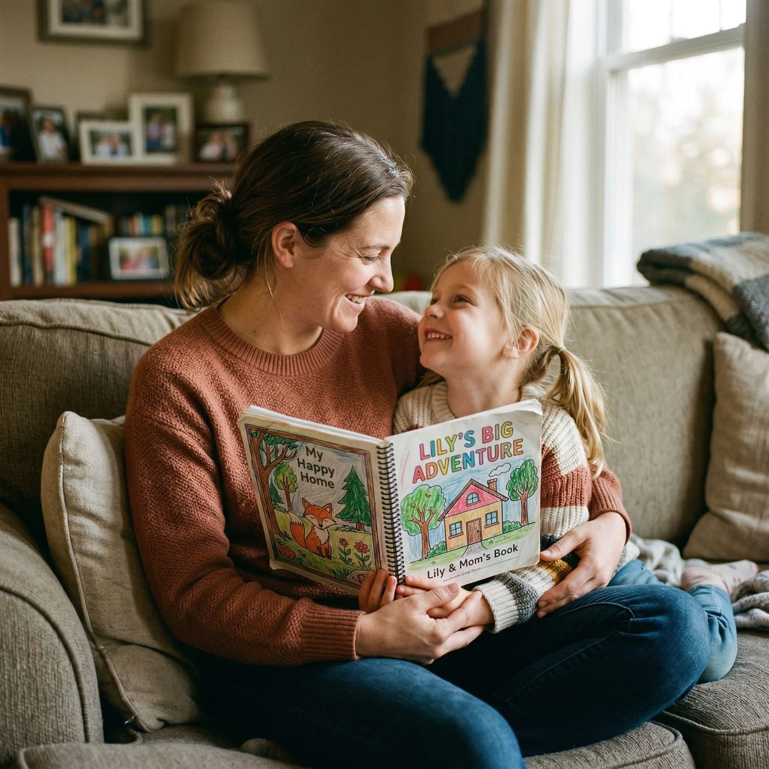 Parent and child treasuring their personalized coloring storybook together - a precious family memory