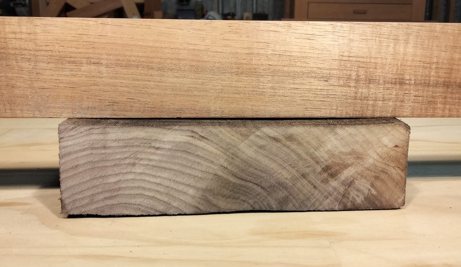 Cross-section of a board showing cup warping with edges lifting on the bark side