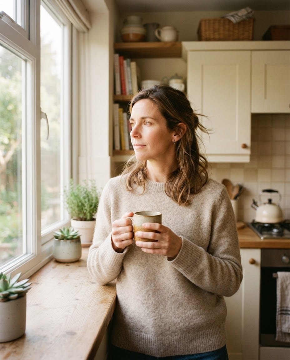 Une femme pensive, le regard tourné vers l'intérieur