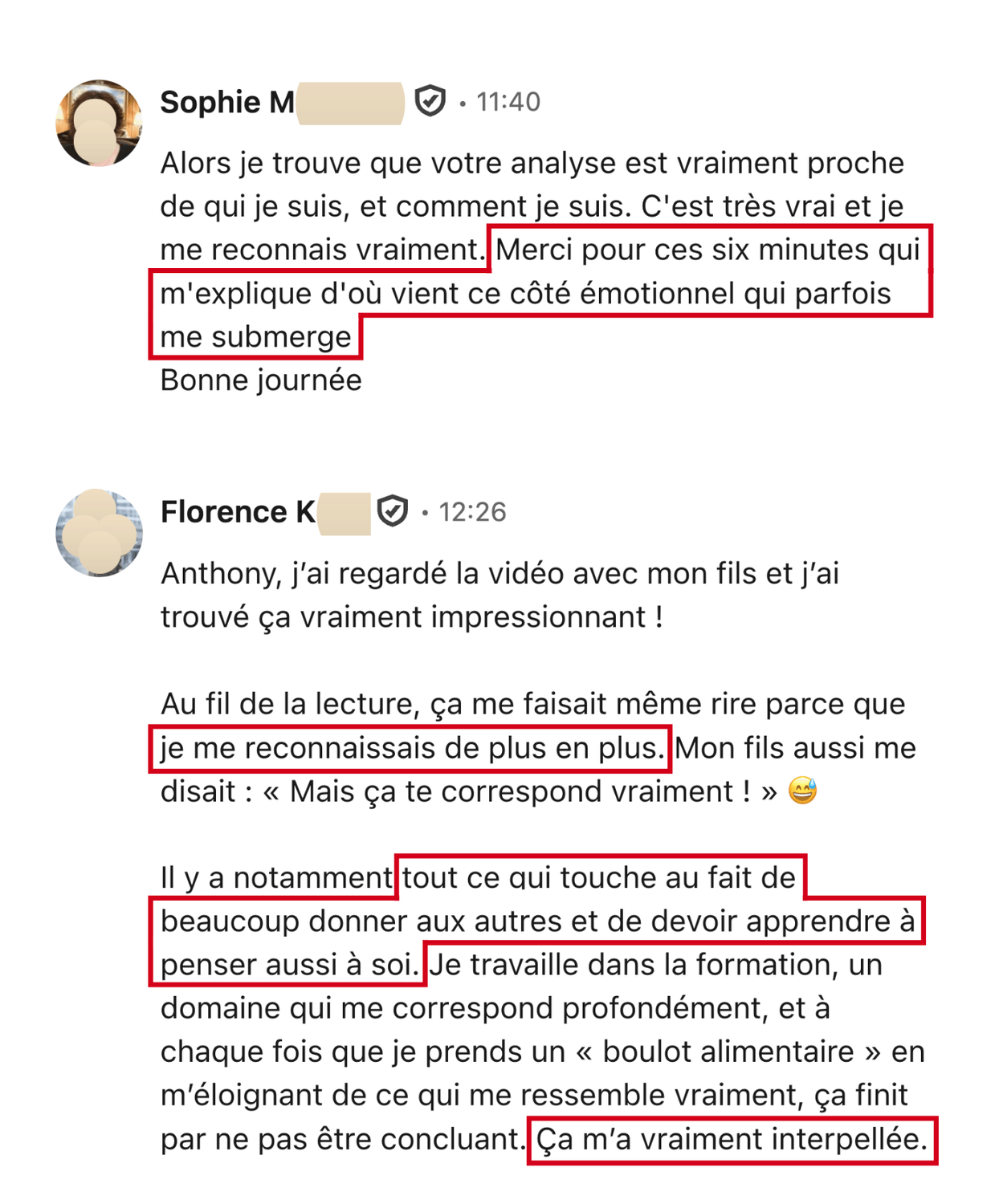 Témoignage client anonymisé (capture d'écran)