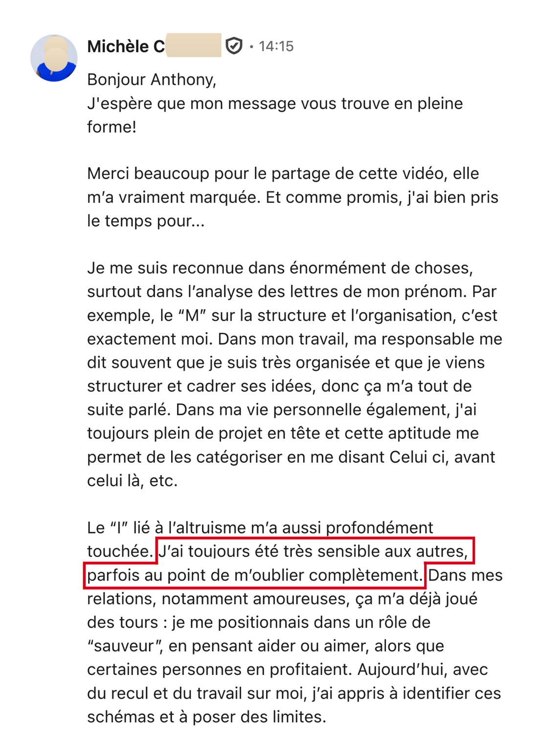 Témoignage client anonymisé (capture d'écran)