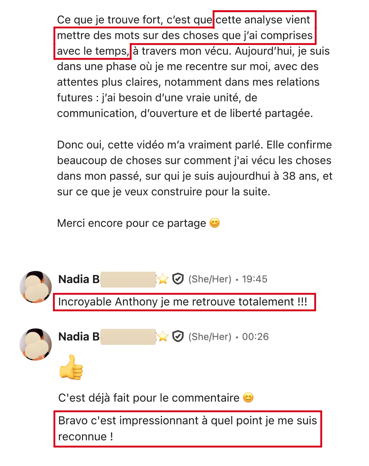 Témoignage client anonymisé (capture d'écran)