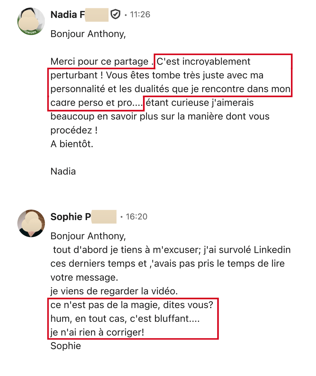Témoignage client anonymisé (capture d'écran)