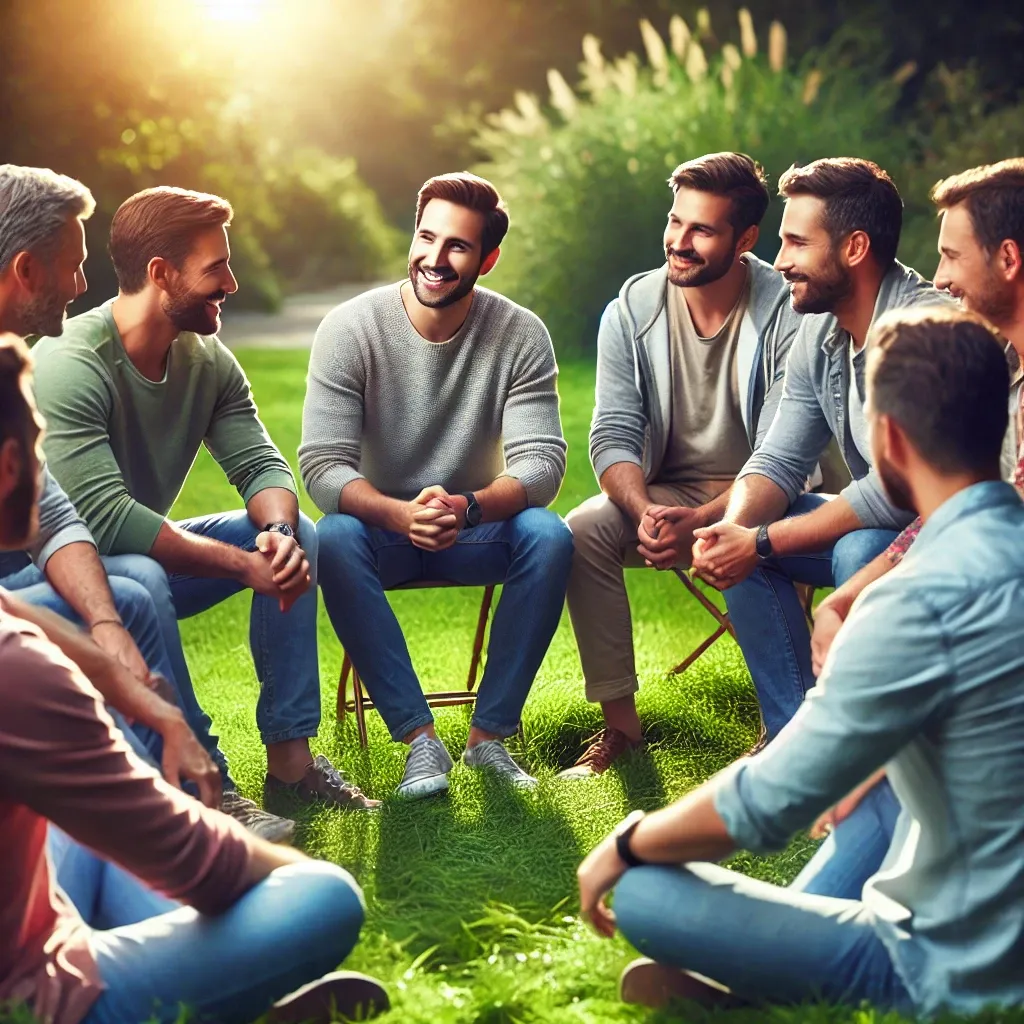 Un groupe d’hommes partageant un moment de soutien mutuel : Des hommes assis en cercle dans un parc, évoquant le partage et le soutien entre pairs.