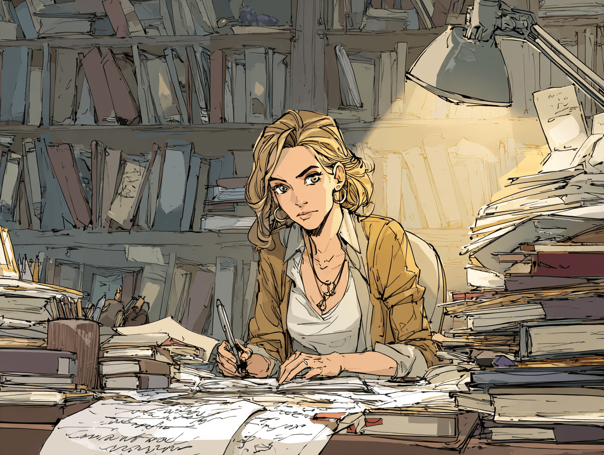 Portrait d'une femme scientifique entourée de livres et de notes, lumière de bureau, atmosphère studieuse — L'amour d'un papa