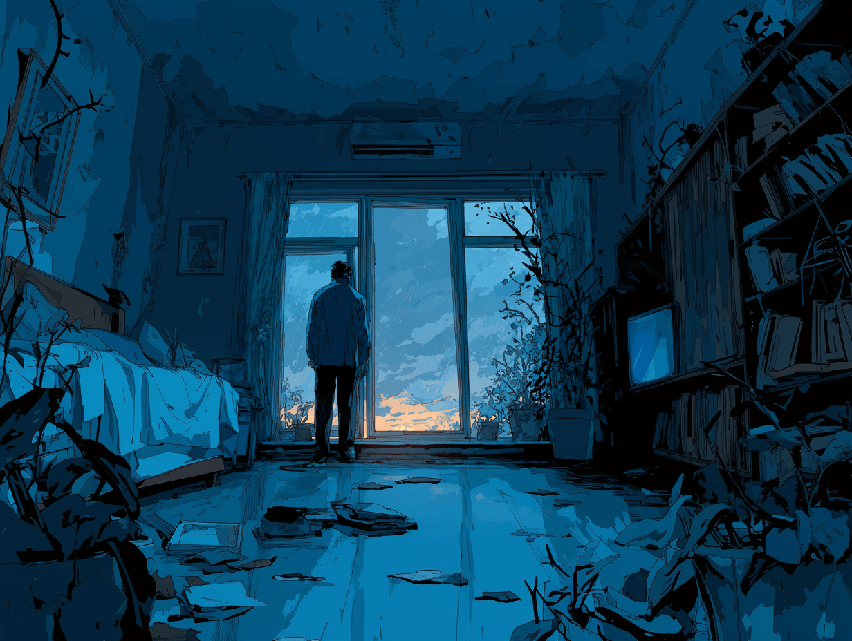 Père debout à l'aube, silhouette sombre face à une fenêtre, lumière froide du matin, appartement vide — L'amour d'un papa