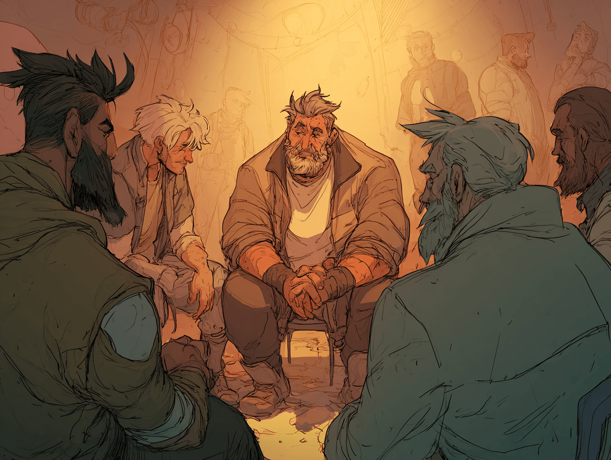 Cercle de pères assis en conversation, atmosphère bienveillante et intime, lumière chaude, expressions d'écoute et de confiance — L'amour d'un papa