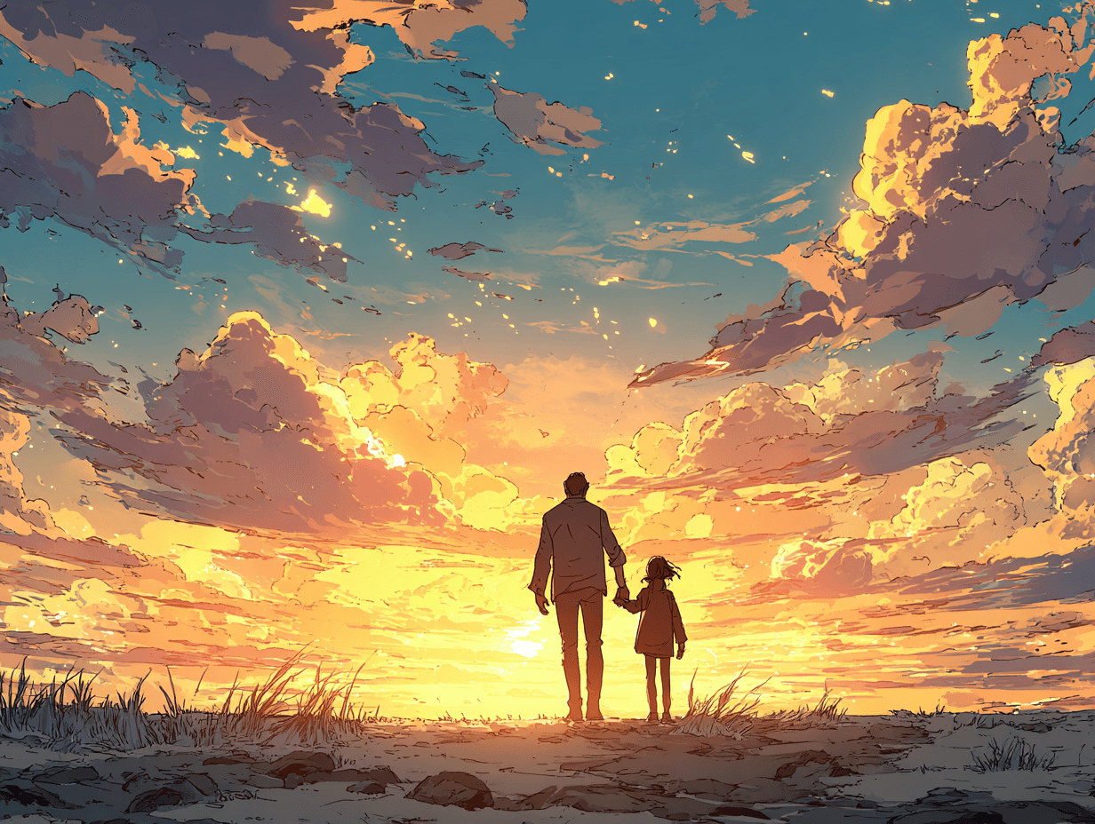 Père et enfant main dans la main au coucher du soleil, silhouettes lumineuses, horizon ouvert, espoir et reconstruction — L'amour d'un papa