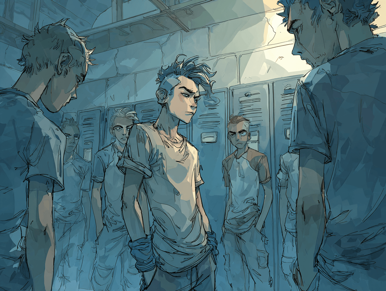 Groupe d'adolescents masculins dans un vestiaire, pression du groupe visible sur l'un d'eux, atmosphère de conformité imposée — L'amour d'un papa