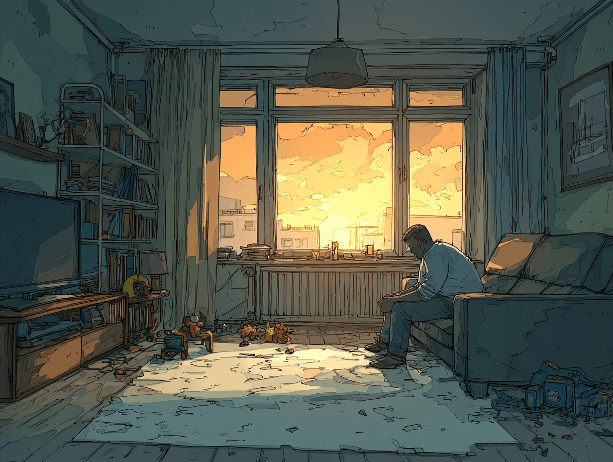 Appartement vide un soir, jouets d'enfants rangés dans un coin, père assis seul sur le canapé, vide et silence visibles — L'amour d'un papa