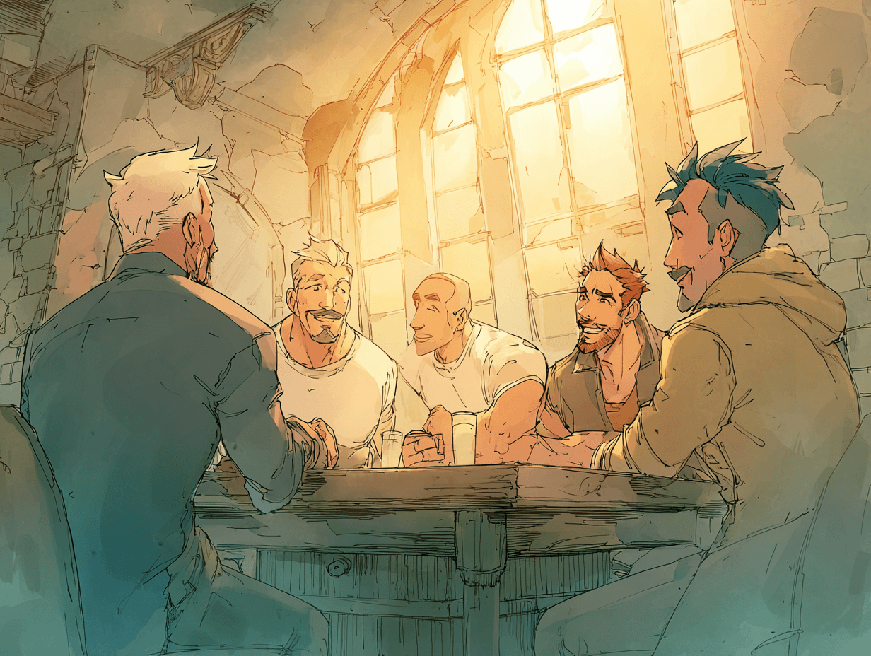 Groupe d'hommes autour d'une table, conversation sincère, atmosphère de confiance et de soutien mutuel, lumière chaude — L'amour d'un papa