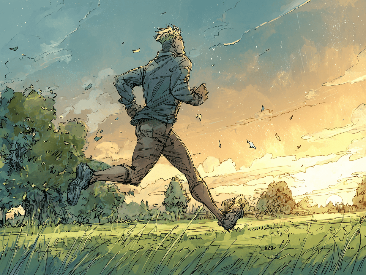 ère en train de courir dans un parc tôt le matin, posture déterminée, lumière de l'aube, reconstruction visible dans le mouvement — L'amour d'un papa