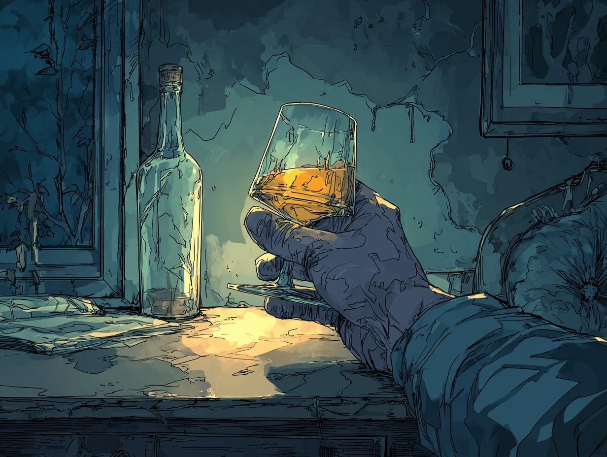 Main tenant un verre d'alcool dans une pièce sombre, bouteille à moitié vide sur la table, atmosphère de fuite et d'anesthésie — L'amour d'un papa