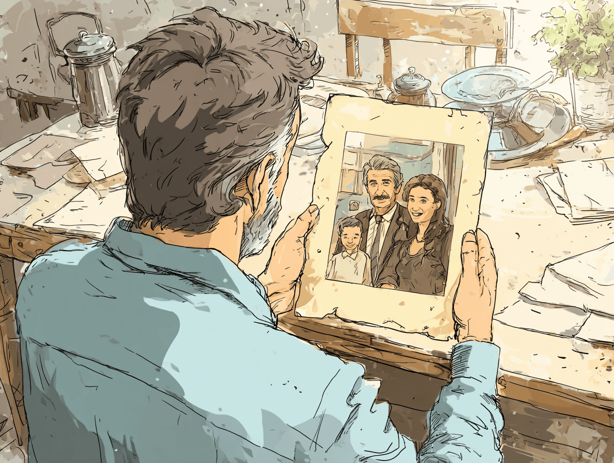 Photo de famille ancienne sur une table, homme tenant la photo et regardant dans le vide, contraste entre le passé souriant et le présent — L'amour d'un papa