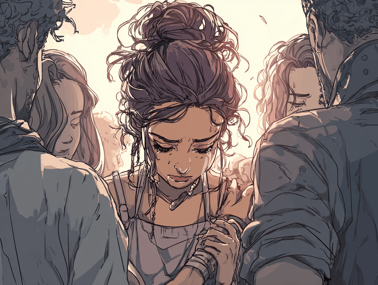 femme qui pleure entourée de ses amis — L'amour d'un papa