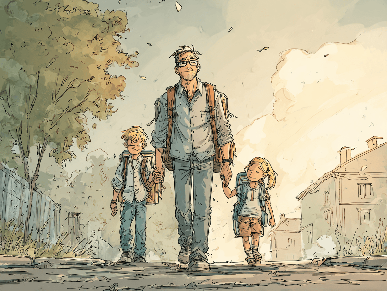 Père accompagnant ses enfants à l'école le matin, sourire de façade, yeux qui trahissent la fatigue intérieure, effort de présence visible — L'amour d'un papa
