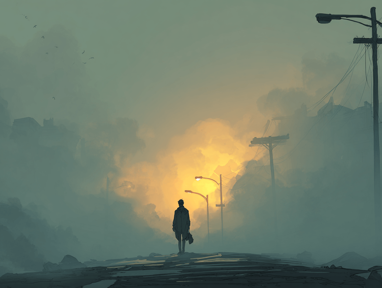 Homme dans le brouillard, cherchant son chemin, lumière faible au loin, sentiment de confusion imposée de l'extérieur — L'amour d'un papa