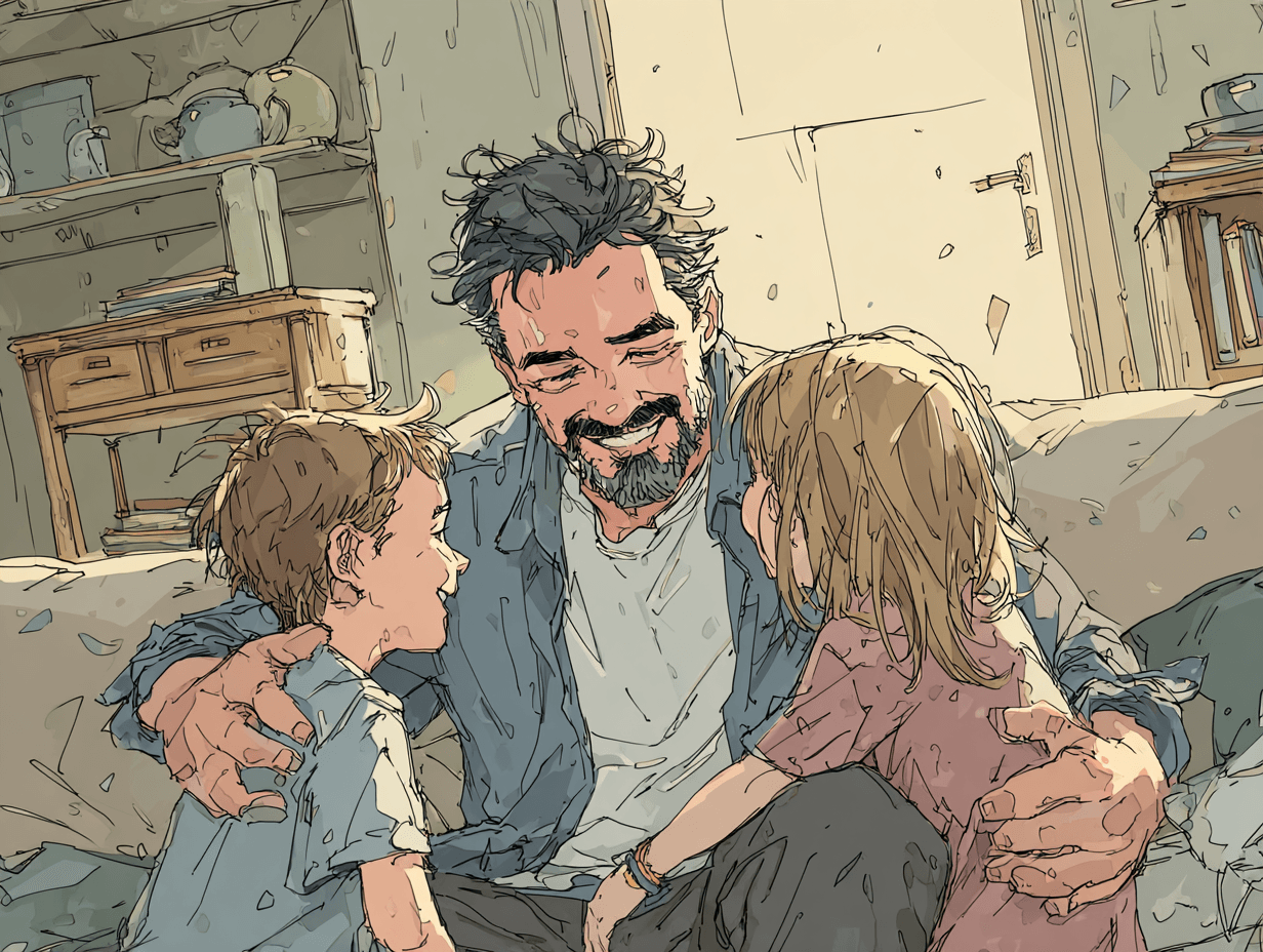 Père jouant avec ses enfants dans un salon, sourire authentique dans cet instant, traces de fatigue sur son visage, amour et effort ensemble — L'amour d'un papa
