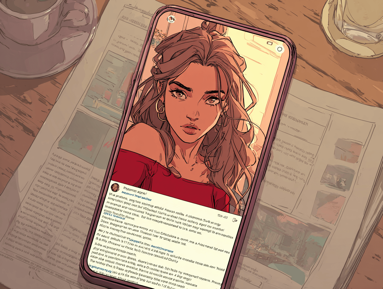 Écran de téléphone affichant un fil d'articles sur les relations amoureuses, tons alarmistes, messages culpabilisants visibles — L'amour d'un papa