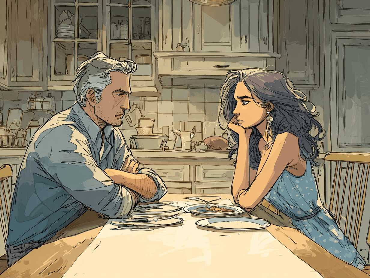 Homme et femme assis à une table de cuisine, tous deux silencieux, vaisselle entre eux, distance qui s'est installée dans la vie quotidienne — L'amour d'un papa