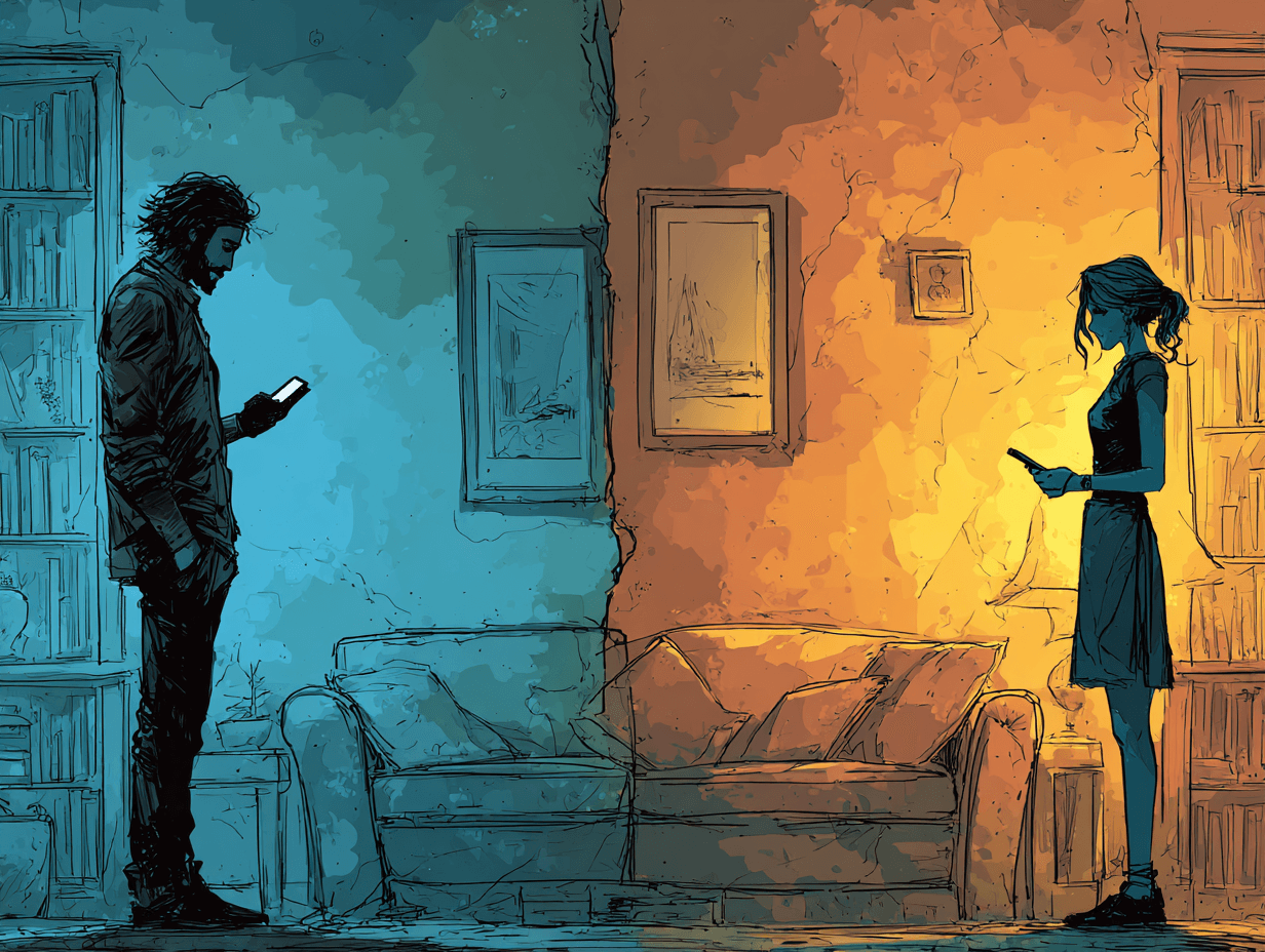 Deux silhouettes dans un salon, chacune dans son coin, téléphone en main, présence physique sans connexion réelle entre elles — L'amour d'un papa