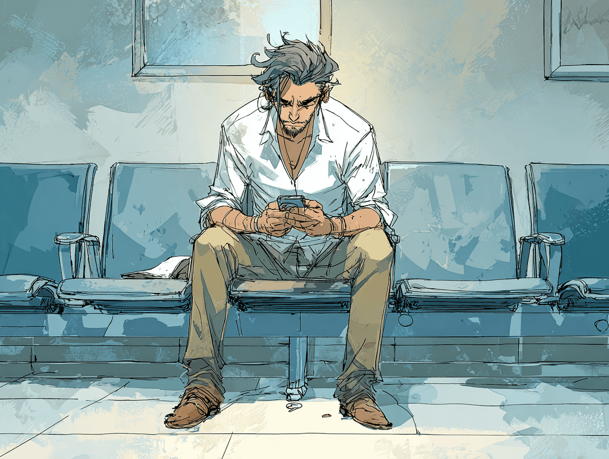 Homme seul dans une bibliothèque ou salle d'attente, lisant des articles sur son téléphone, expression de quelqu'un qui doute de lui-même — L'amour d'un papa