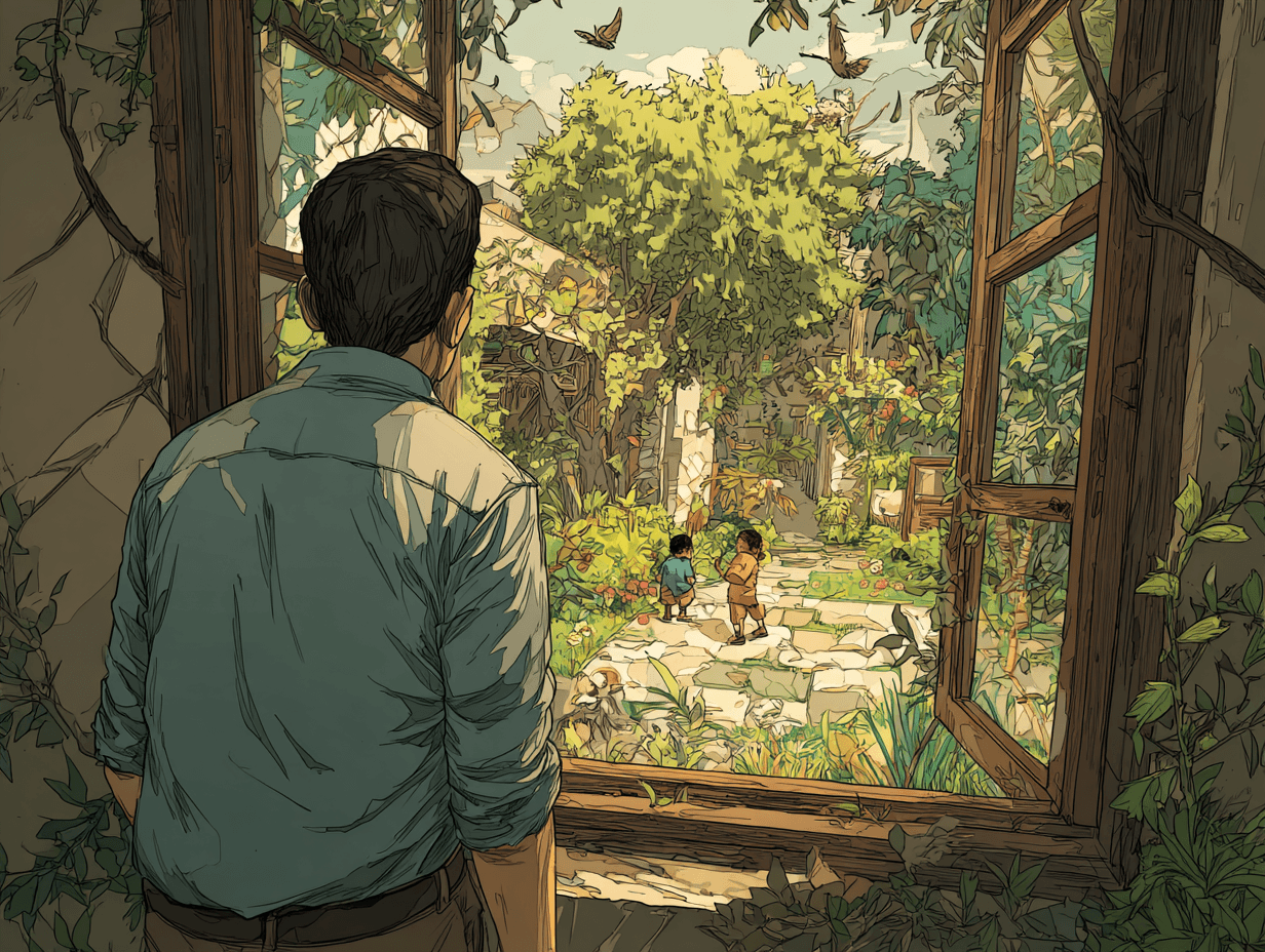 Homme regardant par une fenêtre en direction d'un jardin où jouent ses enfants, posture réflexive, entre passé et avenir — L'amour d'un papa